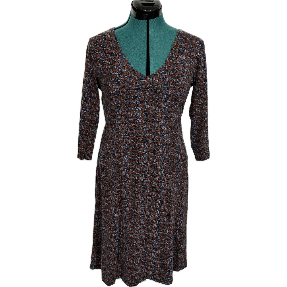 Toad&Co Rosalinda Dress 3/4 Sleeve Floral V-Neck M Blue Brown Sustainable Casual
